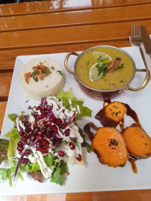 Daal with sweet potato, rice and salad at Organi Chiado in Lisbon