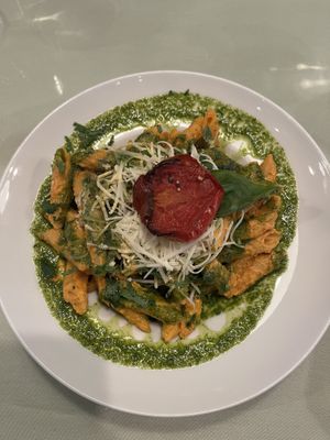 Penne with a cheesy sauce and a pesto  at Organi Chiado in Lisbon