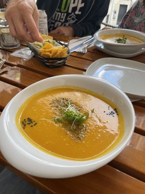 Daily soup - carrot pistacia  at Organi Chiado in Lisbon