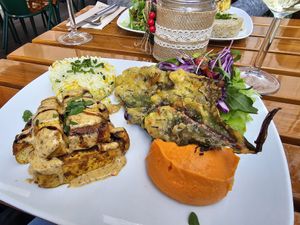 Marinated tofu, deep fried cale, sweet potato purée, rice and salad at Organi Chiado in Lisbon