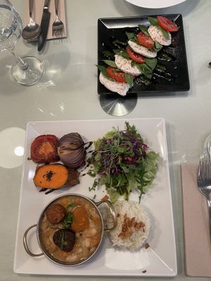 Bean stew and Caprese salad  at Organi Chiado in Lisbon