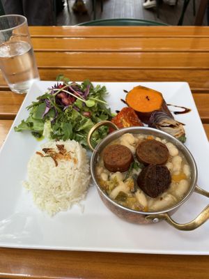 Bean stew with vegan sausage  at Organi Chiado in Lisbon