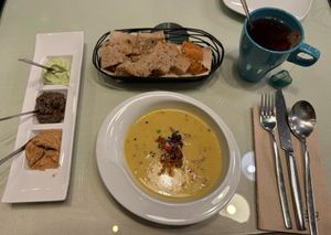 Lentil soup, bread and pate at Organi Chiado in Lisbon