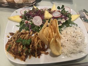 Seitan with rice and salad  at Organi Chiado in Lisbon