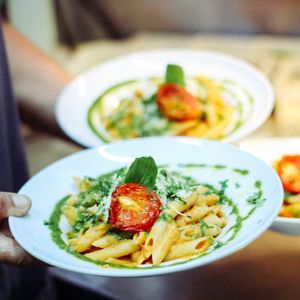 Penne pasta with tomato cashew sauce. at Organi Chiado in Lisbon