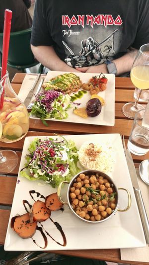 Chana masala and vegan lasagna at Organi Chiado in Lisbon