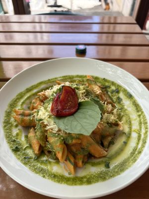 Penne pasta with tomato and cashew sauce, basil  at Organi Chiado in Lisbon