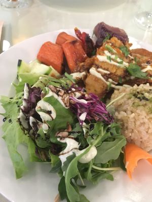 Seitan steak with roasted vegetables,salad and rice at Organi Chiado in Lisbon