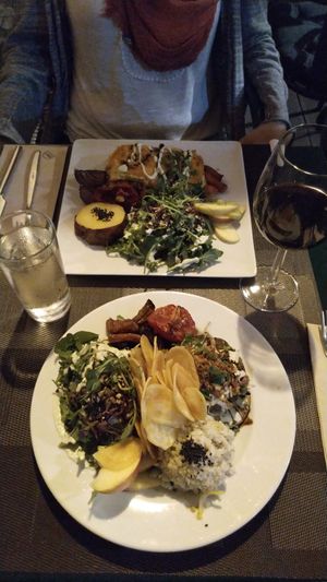 Lasagna e burger vegani :P at Organi Chiado in Lisbon