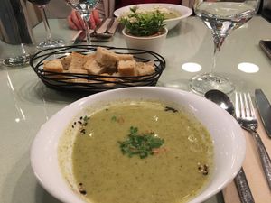 Broccoli soup and rice bread at Organi Chiado in Lisbon