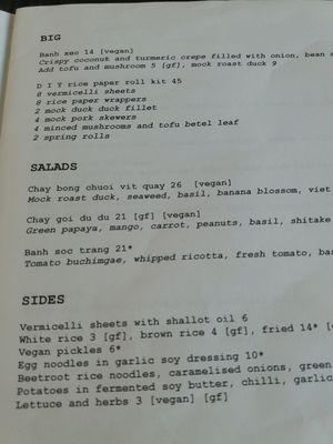 vegan menu entrees at Hello Auntie in Marrickville