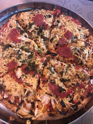 Cheaty Pepperoni pizza with vegan cheese  at Mr Natural Vegetarian Pizza in St Kilda