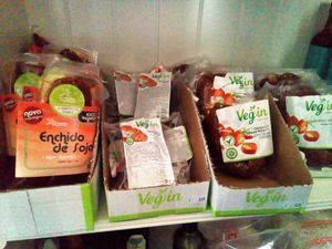 Chouriço (chorizo) and other "processed" vegan meats at EasyGreen Vegan Foodstore & Snack bar in Porto