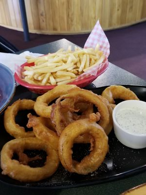 Fries & Onion rings with vegan aioli at Central Cafe and Grill in Geraldine