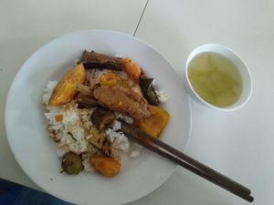Buffet: rice + mock meat + vegetables + a bowl of soup at An Lac in Kon Tum