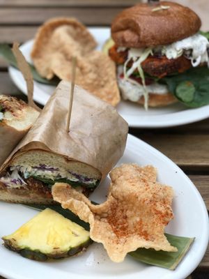 crab cake and buffalo tempeh  at No Bones Beach Club in Portland
