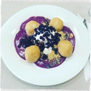 Czech classic - dumlings with fruit and toppings... at Minirestaurace Pure Love / U Hanči in Frydek-mistek