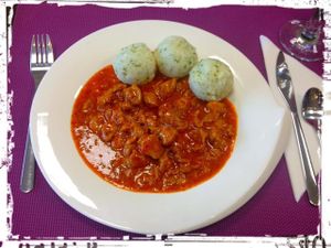 Czech classic - soy goulash with rice balls at Minirestaurace Pure Love / U Hanči in Frydek-mistek