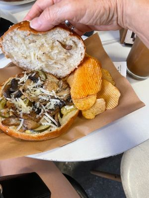 Mushroom cheez pickle “bagel” at Meraki Cafe in Volos