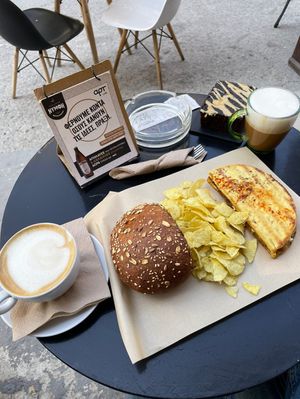 Vegan souvlaki sandwich, panini and brownie cake without sugar!   at Meraki Cafe in Volos