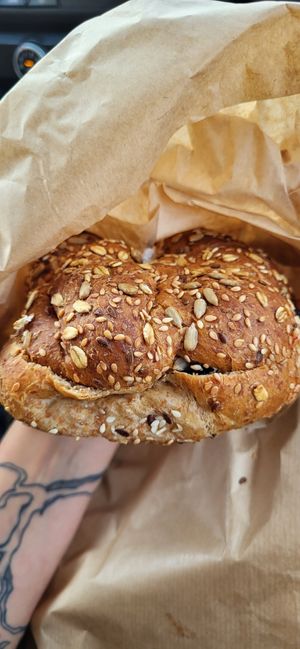 Bagel with roasted veggies and handmade vegan feta with almonds at Meraki Cafe in Volos