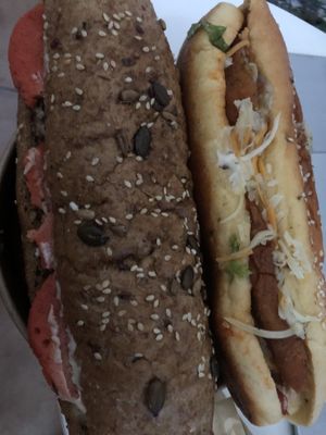 Vegan salami & vegan nuggets sandwiches   at Meraki Cafe in Volos