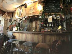 View of the bar, with seating  at Natural Food Village in Kyoto