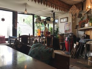 View towards the window/street view (restaurant is on the 2nd floor)  at Natural Food Village in Kyoto