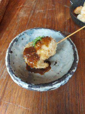 Fried soymeat on a skewer at Natural Food Village in Kyoto
