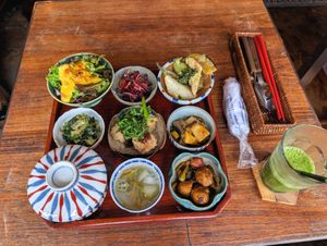 Lunch set and green smoothie at Natural Food Village in Kyoto