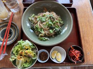Thai noodle set with sides (chilli flakes were really spicey)  at Natural Food Village in Kyoto