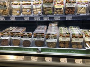 Tons of vegan burger varieties and spring rolls etc.  at denn's Biomarkt in Freising