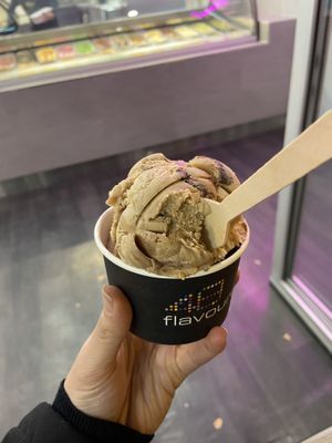 Choc hazelnut oat, and underneath blueberry crumble soy   at 48 Flavours in Adelaide