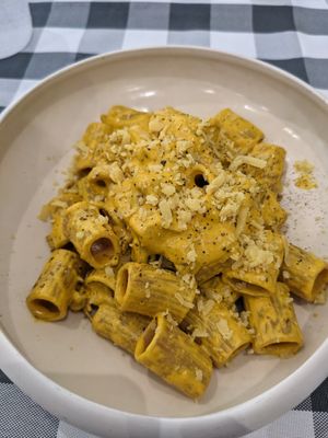 Vegan carbonara (with normal pasta, not pasta fresca) at Al Lampione in Gorizia