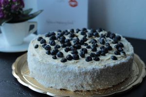 Vanilla-blueberry cake with cherries at Bezcukrárna in Brno