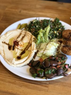 Falafel, hummus, tabouleh, beans at Falafel Koy in Istanbul