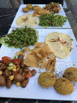 Menu 1- falafel plate with tabbouleh, hummus, beans   at Falafel Koy in Istanbul