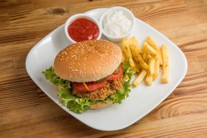 falafel burger with frinsh potates with vegan mayonez  at Falafel Koy in Istanbul