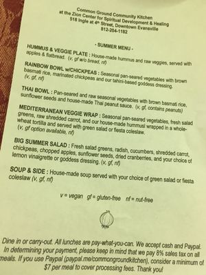 Summer menu  at Common Ground Community Kitchen in Evansville