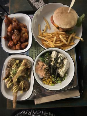 Burger, cauliflower, broccoli & poke bowl  at Netherworld in Fortitude Valley
