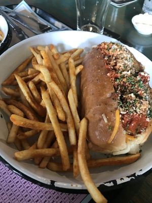 Loaded hot dog and fries   at Netherworld in Fortitude Valley