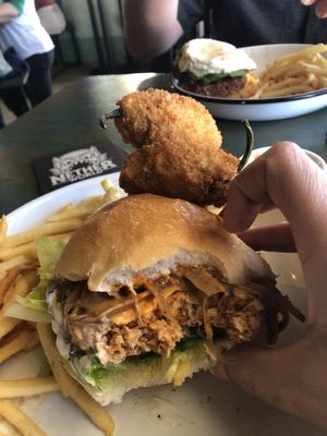 Special burger - harissa “chicken” and popper. All vegan  at Netherworld in Fortitude Valley
