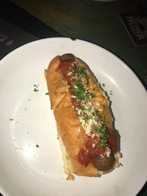 Garlic bread hotdog  at Netherworld in Fortitude Valley