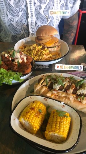 Burger special, demon drummies, reuben dog at Netherworld in Fortitude Valley