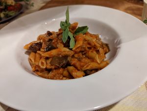 Penne Norma with eggplant at JustVeggie in Siracusa
