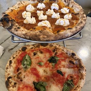 their special with peps and hot honey on top, bottom- margherita  at Floralia in Honolulu