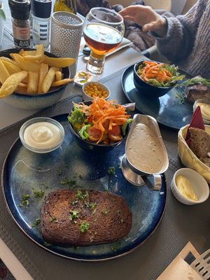 Seitan steak, mayo and butter and peppersauce are also vegan! at Le Touquet in Oostende