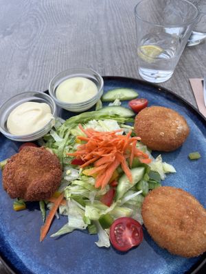 Vegan cheese and 1 vegan meet croquette with vegan and house made none vegan mayonnaise (both were really nice)  at Le Touquet in Oostende