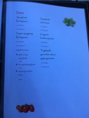 Menu with vegan spaghetti bolognese at Le Touquet in Oostende