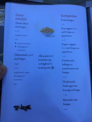 Menu with vegan seitan steak at Le Touquet in Oostende